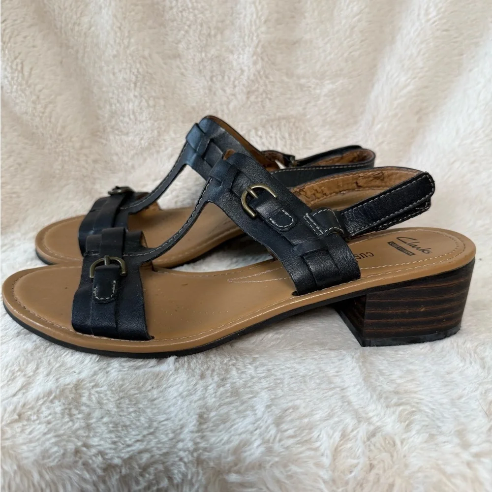 Clark's Collection Madalyn Black Leather Sandals Womens Sz 8.5 *Flaw*
